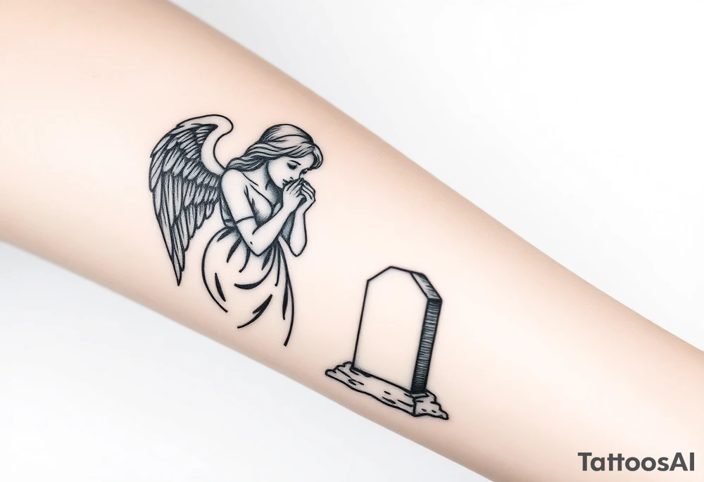 Beautiful woman angel crying over a tombstone tattoo idea