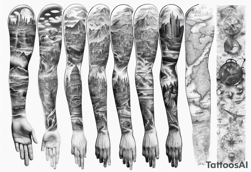 full arm tattoo for man with images of maps and travel and dna strands and music tattoo idea