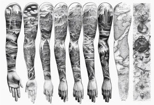 full arm tattoo for man with images of maps and travel and dna strands and music tattoo idea