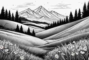 hills, wildflowers, sunshine, small on forearm, fine lines tattoo idea