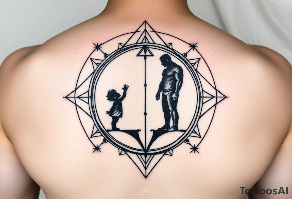 Geometric mirror portal tattoo, Art Deco frame mixed with sacred geometry, dual reflection showing silhouette of small child reaching upward on one side and strong adult figure on opposite side, abstract representation using shapes and shadows - child side has curved soft lines, adult side has sharp angular lines, dotwork and linework combination, black and grey, vertical design for upper arm tattoo idea