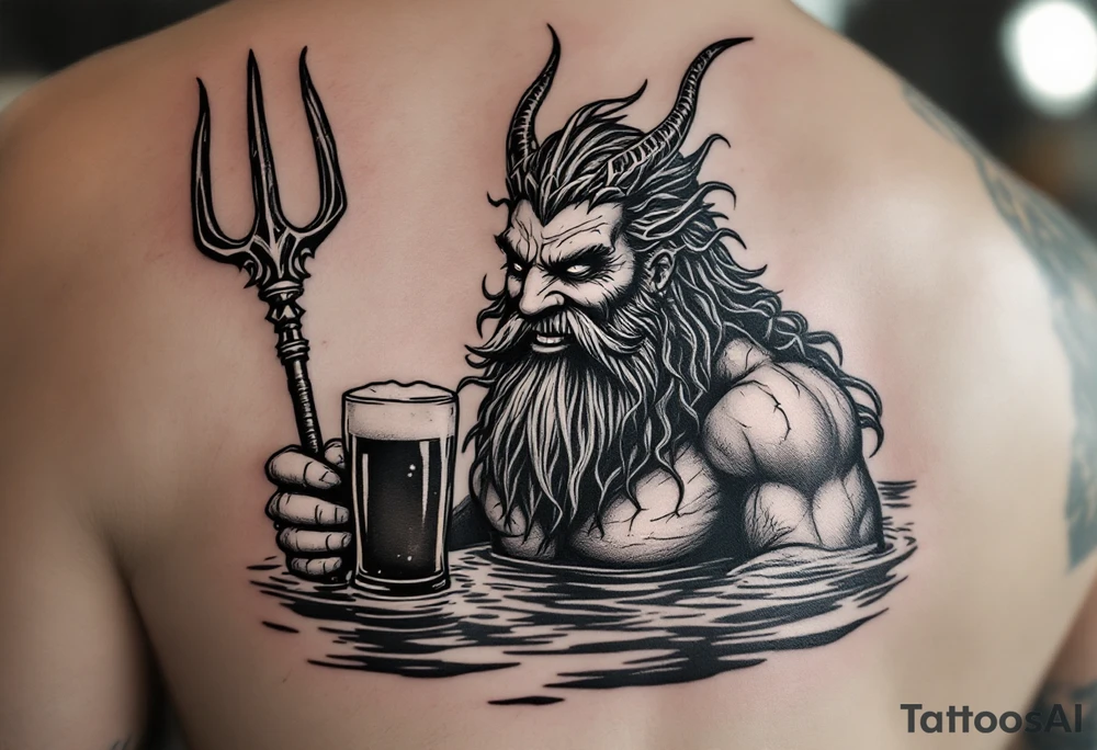 smiling poseidon, with a trident, in calm water, holding a beer tattoo idea