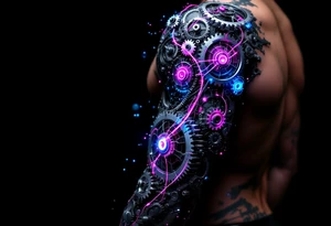 A biomechanical arm tattoo where gears spin under translucent synthetic skin lit with neon pink and cobalt blue veins. tattoo idea