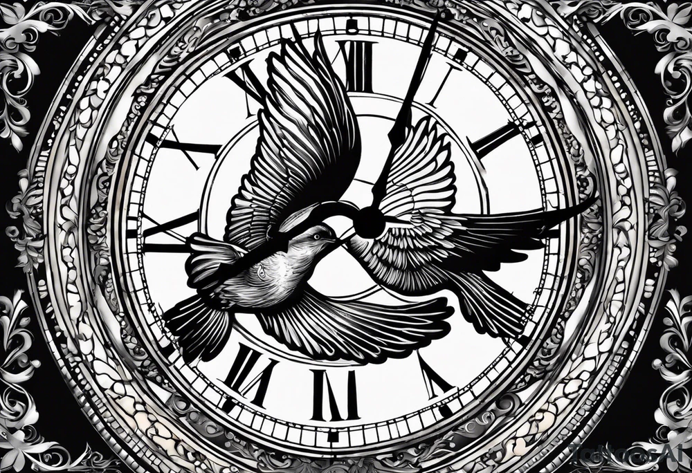 - The name "Walston" arched elegantly above or below the clock.
- The clock in the center with intricate details.
- Doves flying in from the sides, with their wings spread, creating a dynamic flow towards the clock. tattoo idea