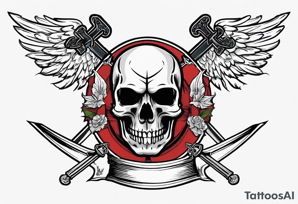 In the center is a half skull pierced by a large sword. On either side of the skull, there are spread angel wings, Beneath the skull is a ribbon cross elements on that, ribbon weaves through both the skull and the sword tattoo idea