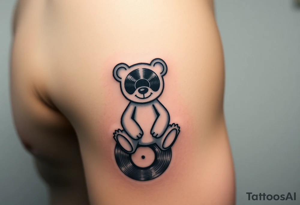minimalist teddy bear with vinyl records as eyes smiling and sitting on a record tattoo idea