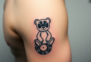 minimalist teddy bear with vinyl records as eyes smiling and sitting on a record tattoo idea