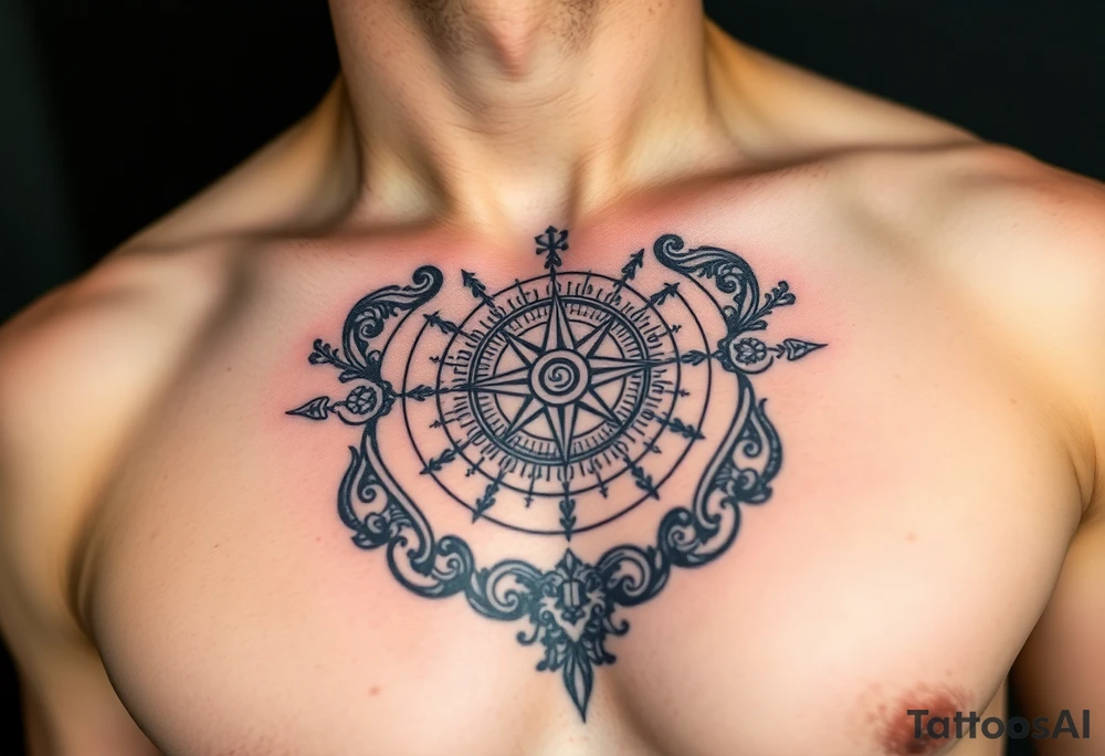 Chest tattoo with Roman stoic theme with sun dial compass tattoo idea