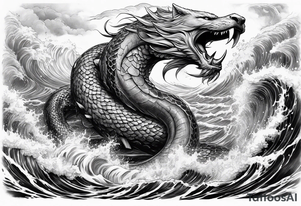 Thor fighting Jormungandr in the ocean in a typhoon tattoo idea