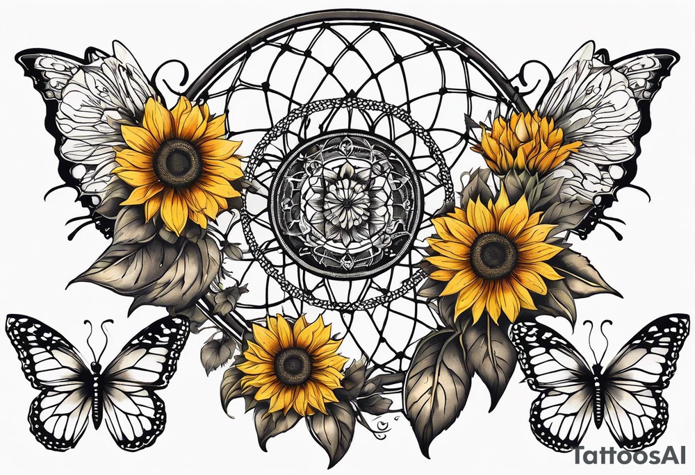 Dream catcher with sunflower in back ground with butterflies tattoo idea
