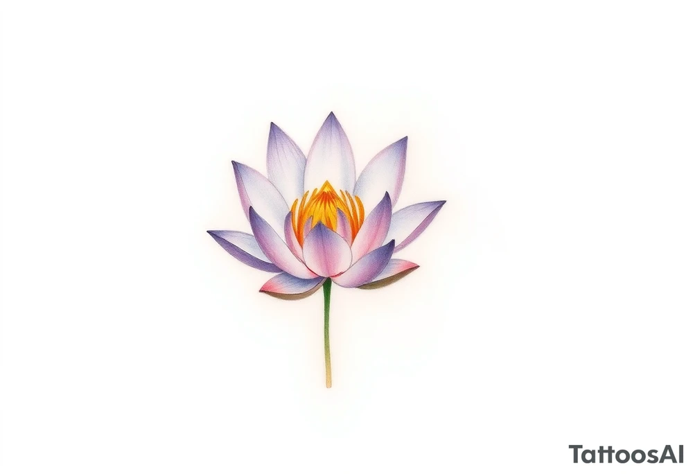 A delicate water lily with lavender-colored petals, surrounded by ethereal gold accents and floating gracefully in a misty, light-gray water, representing spiritual connection tattoo idea