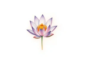 A delicate water lily with lavender-colored petals, surrounded by ethereal gold accents and floating gracefully in a misty, light-gray water, representing spiritual connection tattoo idea