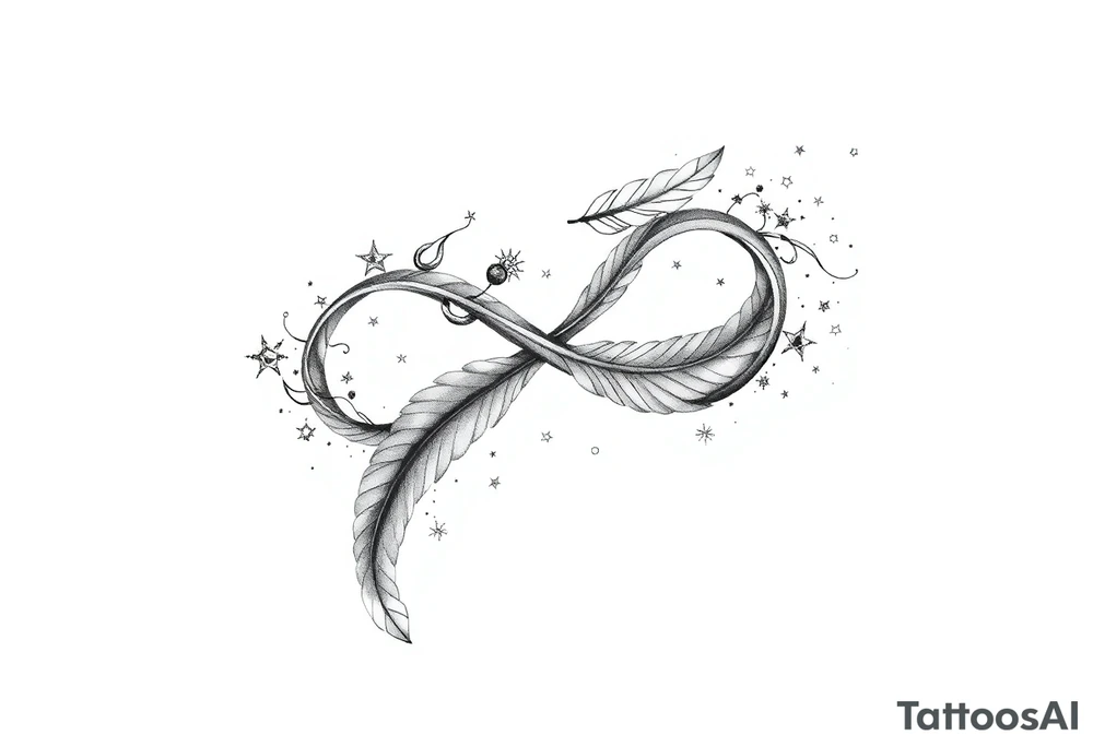 infinity symbol woven with floating feathers and stardust tattoo idea