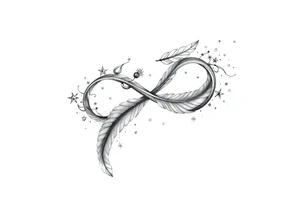 infinity symbol woven with floating feathers and stardust tattoo idea