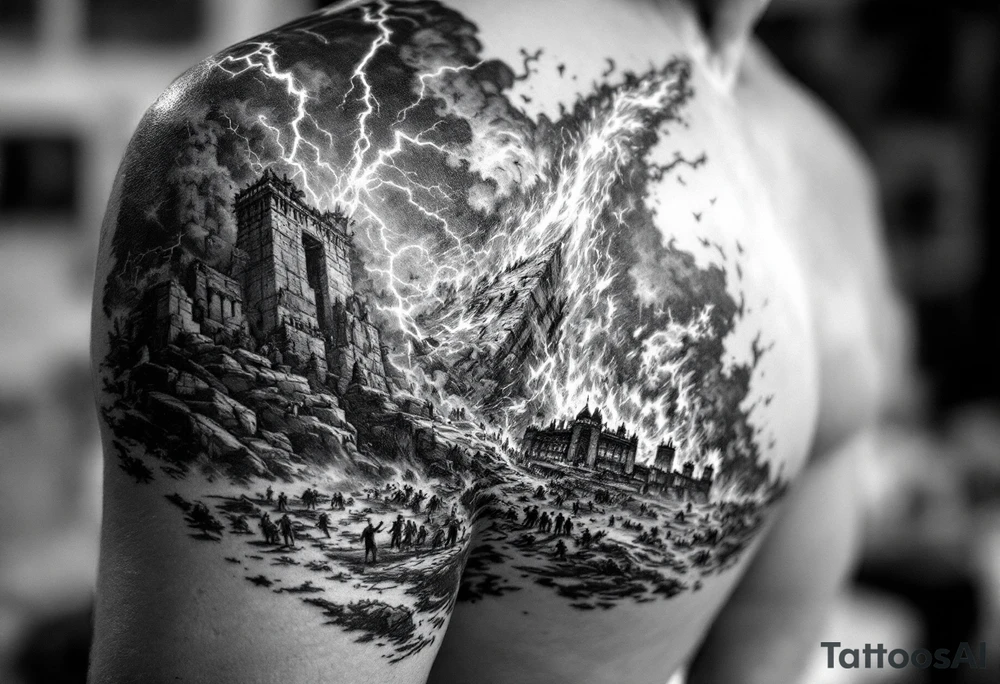 this will be a right arm sleeve.

A crumbling tower struck by lightning, with people scattering in chaos.
Fire raining down from heaven on a burning city, with smoke rising.
A blazing altar with fire falling from heaven
 Floodwaters overtaking the earth, with an ark in the distance. tattoo idea