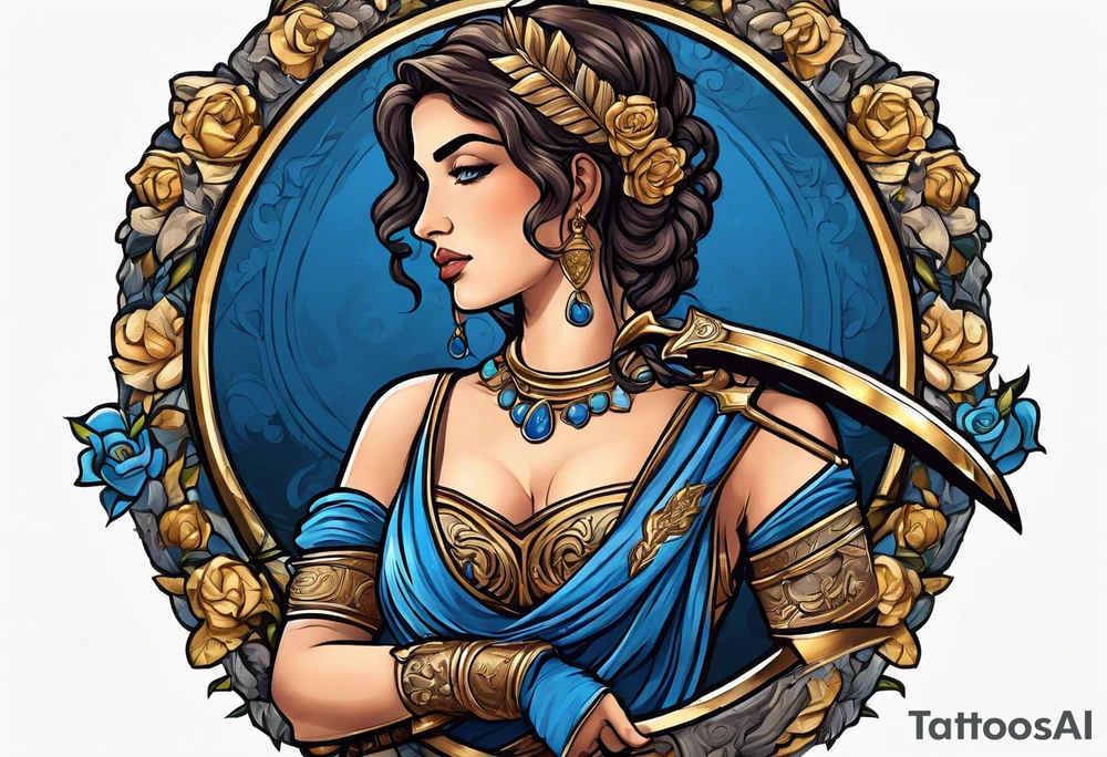 ancient rome clothes women, with Libra in one hand and a sword in the other, blue rose frames tattoo idea