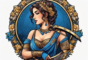 ancient rome clothes women, with Libra in one hand and a sword in the other, blue rose frames tattoo idea