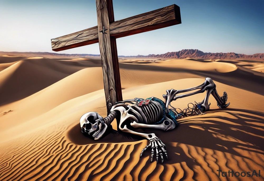 skeleton crawling towards a cross in a desert tattoo idea