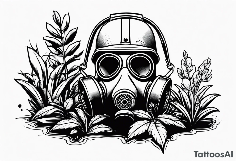 a dying plant in dirt with a gasmask next to it tattoo idea