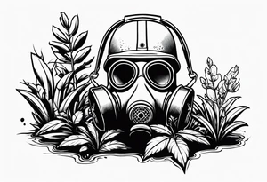 a dying plant in dirt with a gasmask next to it tattoo idea