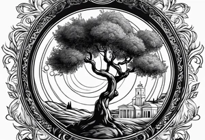 An olive tree sorrounded by a circle with saturn and the babel tower in the background tattoo idea