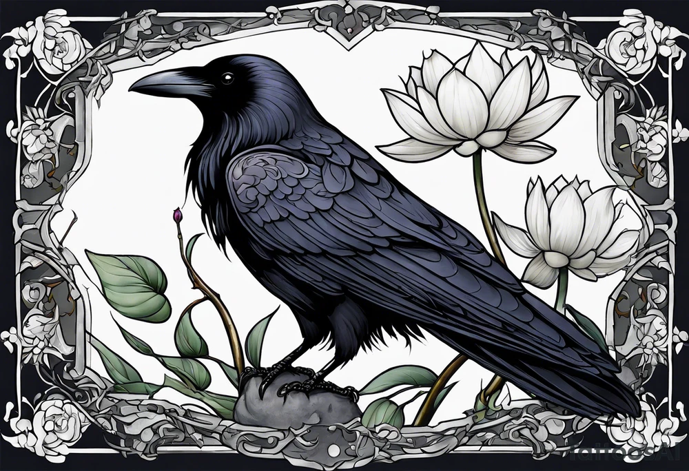 A sleeve with a a Raven A white Lotus 1990 and something showing change with the Raven tattoo idea
