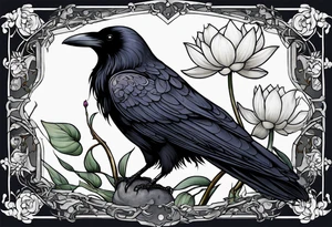A sleeve with a a Raven A white Lotus 1990 and something showing change with the Raven tattoo idea