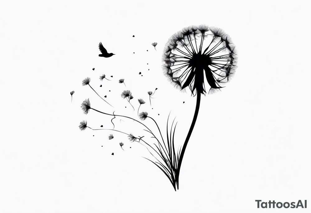 Dandelion with its ligules blowing away, a few legs are tiny hearts, the girls turn into a little bird, flying away to its future tattoo idea