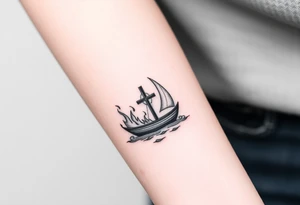 Boat on fire with cross as mast tattoo idea