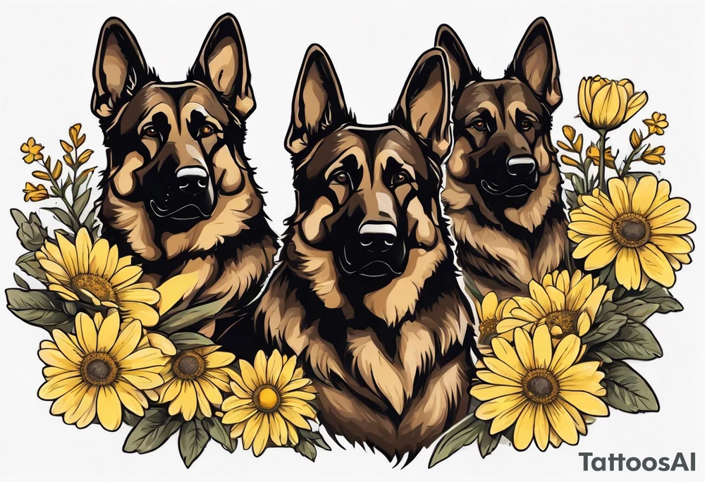 Dark Brown German shepherd portrait surrounded by yellow daisies tattoo idea