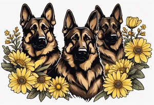 Dark Brown German shepherd portrait surrounded by yellow daisies tattoo idea