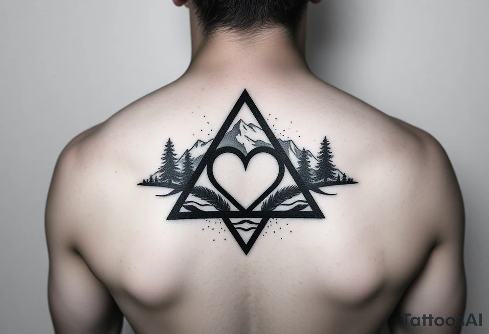 A triangle with a heart in the center and a nature scene in background tattoo idea