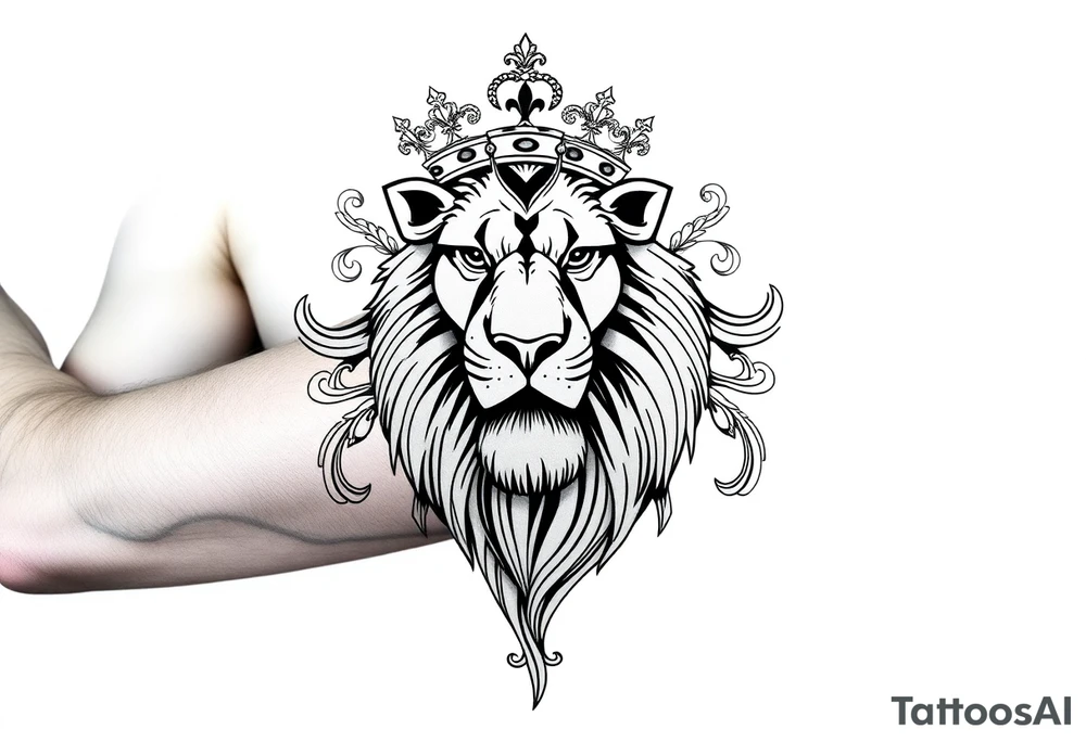majestic lion wearing ornate crown, surrounded by baroque flourishes tattoo idea