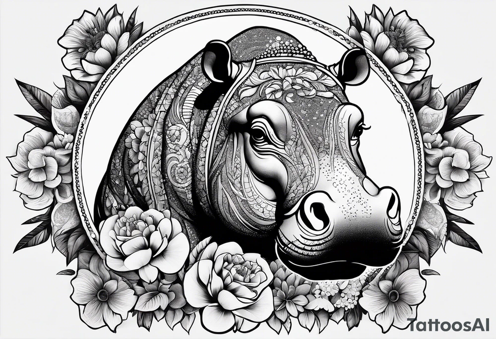 Hippo, flowers, moon, fine lines, tribal, tattoo idea
