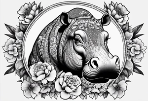 Hippo, flowers, moon, fine lines, tribal, tattoo idea