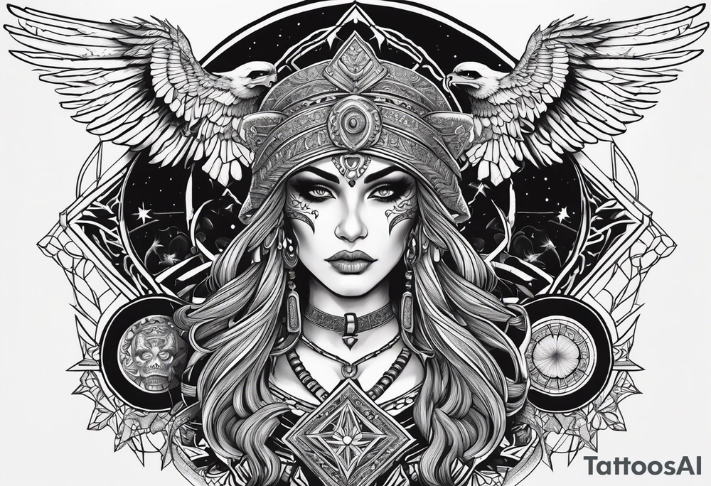 black kali, goddess pirate, alien, pachamama, valkrye, warrior, skull, lotus azul, wing, eagle, zenza resonance, stars, 5D tattoo idea