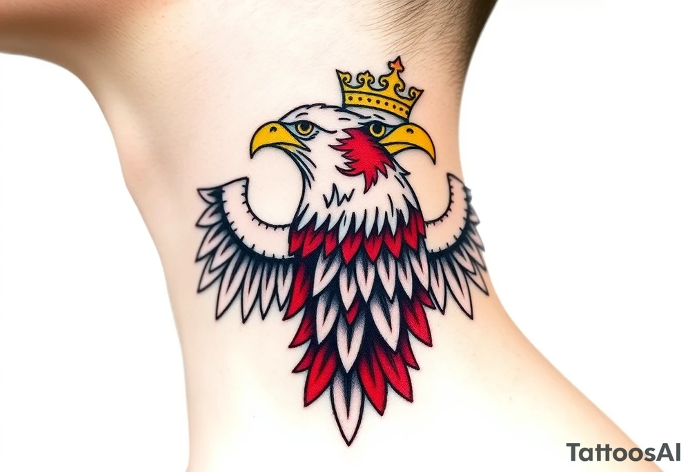 A majestic red and white Moravian eagle with golden crown on its head with intricate tribal patterns tattoo idea