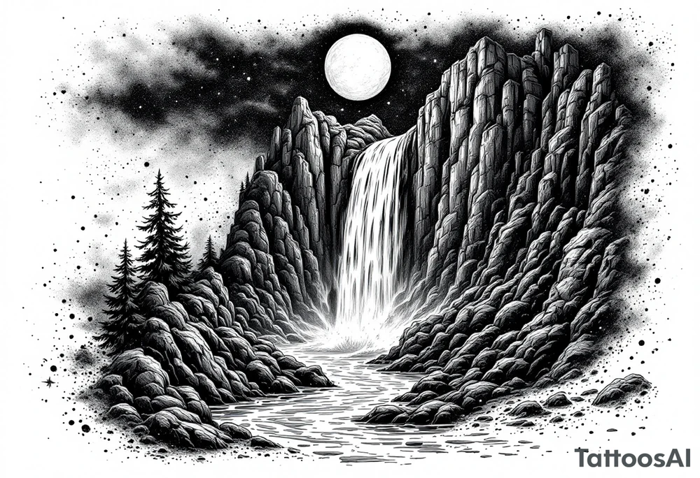 Black universe that forms into a waterfall tattoo idea