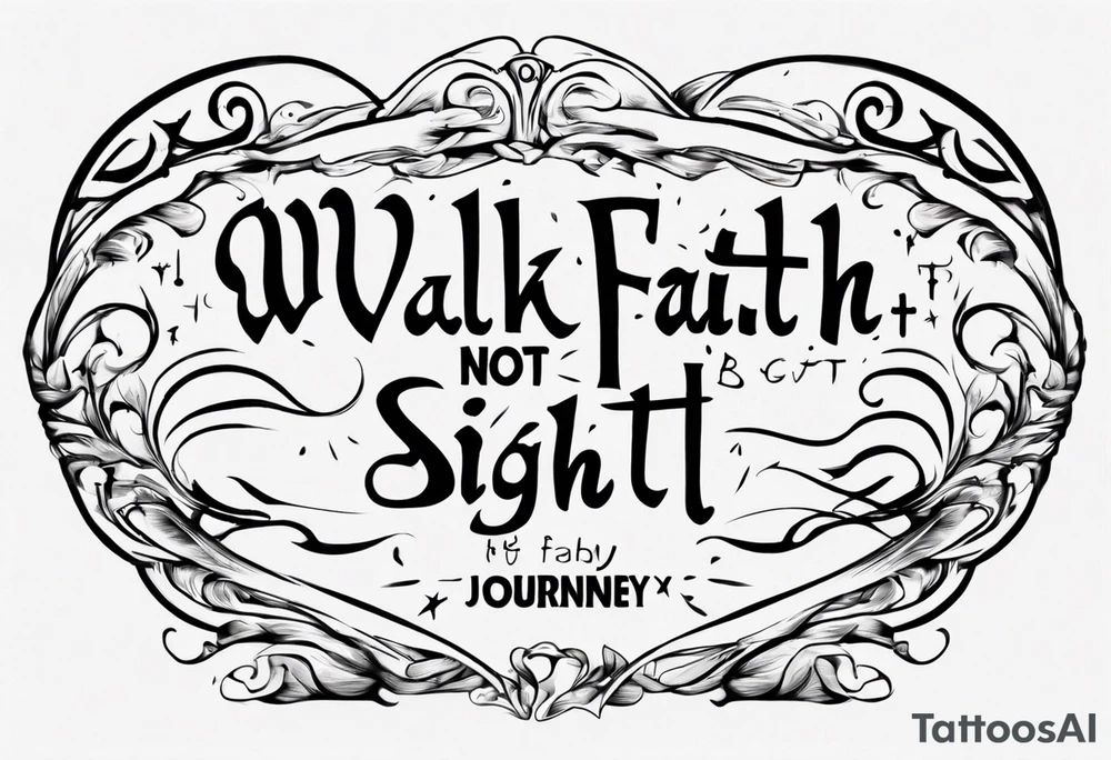 Horizontal inner bicep tattoo. “walk by faith, not by sight” stairwell wrapping around the quote. This design captures the essence of the journey guided by faith. tattoo idea