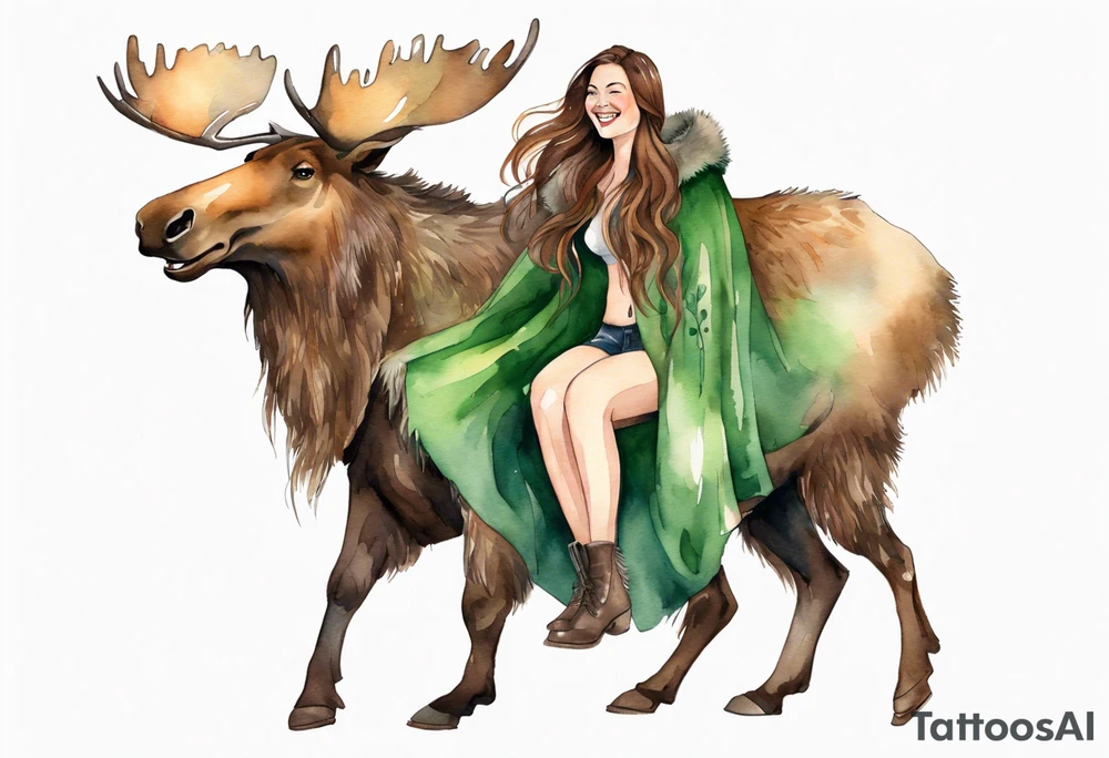 a watercolor of a curvy woman with long brown hair and light brown skin and green eyes wearing a fur cloak laughing riding a moose tattoo idea