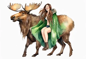 a watercolor of a curvy woman with long brown hair and light brown skin and green eyes wearing a fur cloak laughing riding a moose tattoo idea