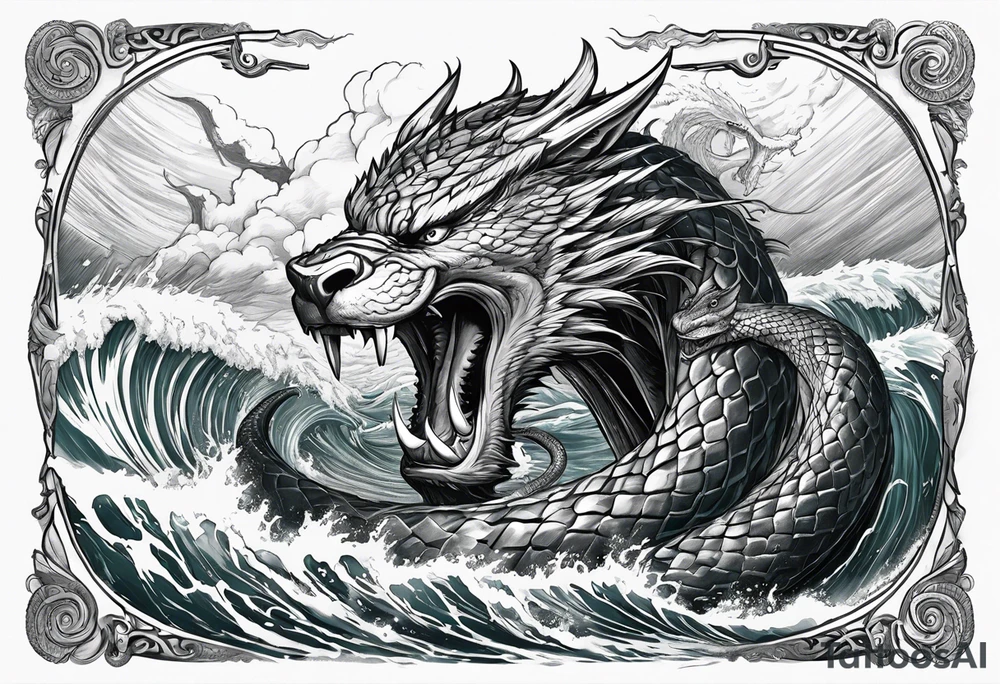 thor fighting jormungandr in the ocean during a hurricane tattoo idea