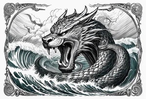 thor fighting jormungandr in the ocean during a hurricane tattoo idea
