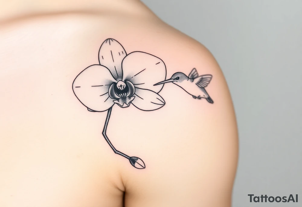 A delicate, black and white fine-line tattoo for make, featuring a gracefully detailed orchid in full bloom (stem and at least 2 flowers), with soft, intricate petals and elegant curves. Beside it, a hummingbird hovers mid-flight, its wings drawn with subtle motion lines, its slender beak reaching toward the orchid’s center to drink its nectar. The design captures a sense of balance and harmony, with the contrast between the stillness of the flower and the gentle energy of the bird. Perfectly suited for the upper arm, this piece combines nature’s beauty and movement in a timeless style tattoo idea