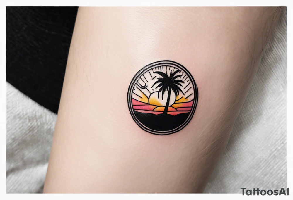 a minimalist tattoo of a sun and a palm tree with the words good vibes below it, make it only small and can fit in a circle tattoo idea