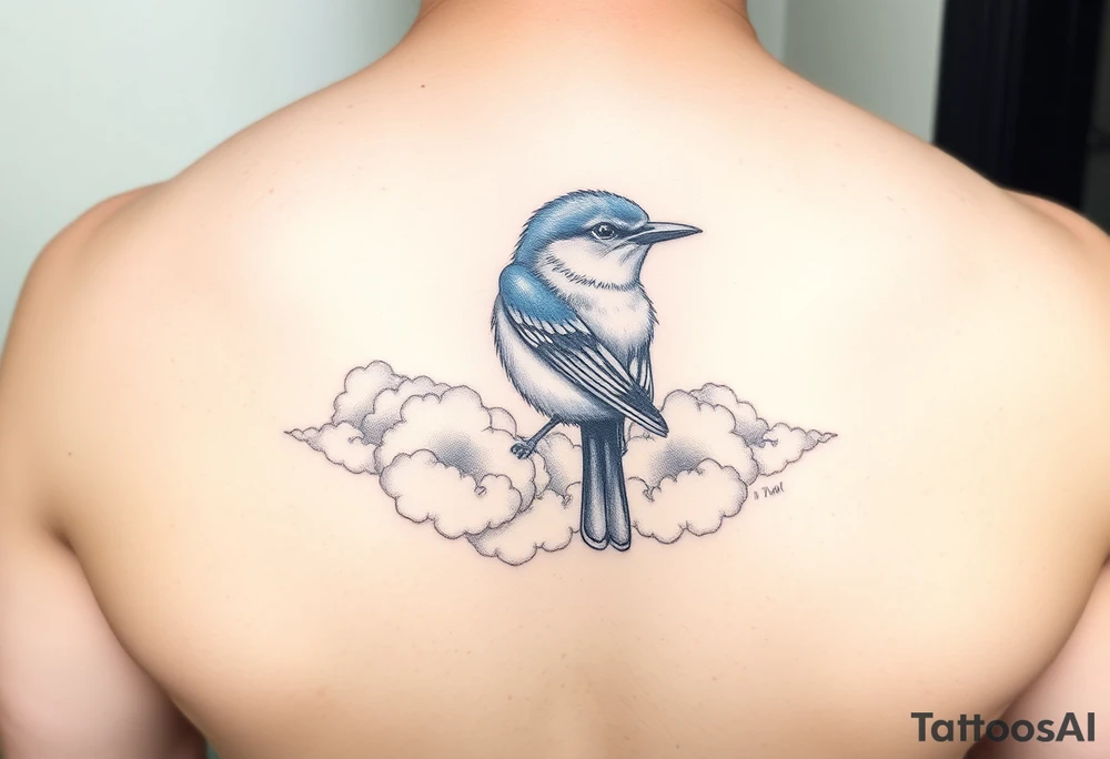Kentucky bluebird with realistic clouds tattoo idea
