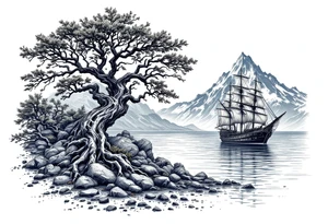 acacia tree with mountains and the ocean and a ship wreck tattoo idea