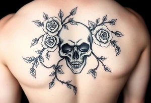 gothic skull intertwined with climbing roses and thorny vines tattoo idea