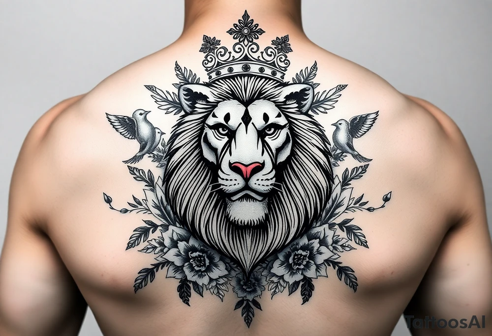 powerful majestic lion with a crown, surrounded by floral ornaments and birds tattoo idea