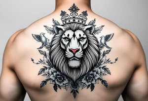 powerful majestic lion with a crown, surrounded by floral ornaments and birds tattoo idea